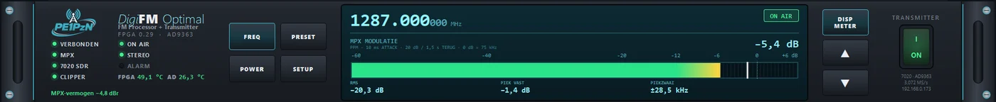 Het rack van DigiFM-Optimal met lampjes, display en de zenderschakelaar