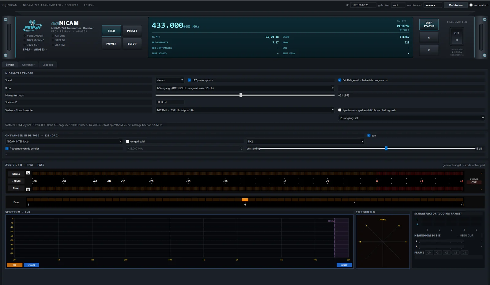 digiNICAM, tabblad Zender met meters, spectrum en stereobeeld