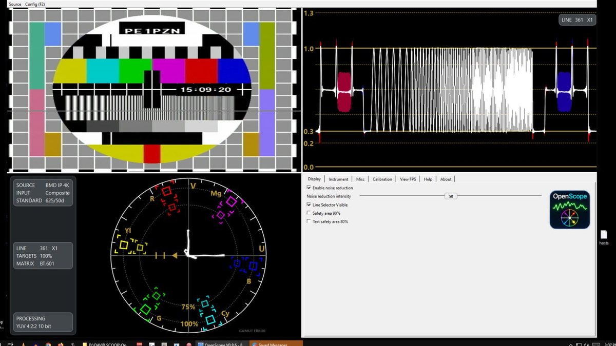 PM5544-testbeeld op een broadcast-monitor met daarnaast een waveform-monitor die de multiburst laat zien en een vectorscoop